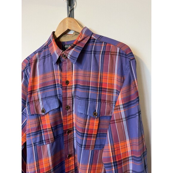 Vintage Polo Ralph Lauren Purple Orange Plaid Button Down Shirt Size XL - Picture 2 of 9